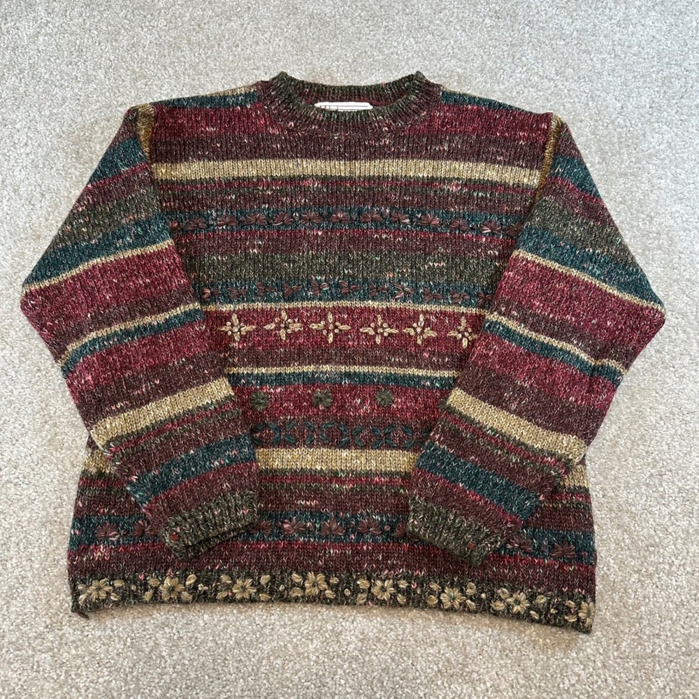 Milano Design Group Vintage Floral Embroidered Striped Wool Sweater M Cottage